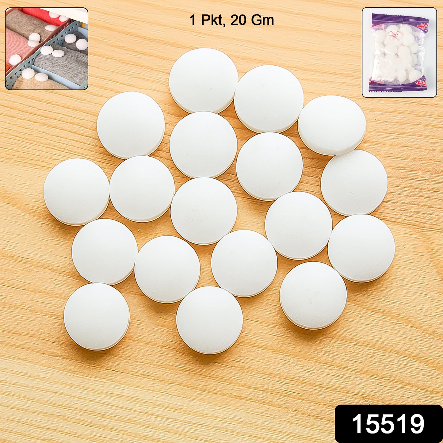 Wukusy premium naphthalene mothballs in a packet, used as cupboard deodorizer tablets for home improvement.
