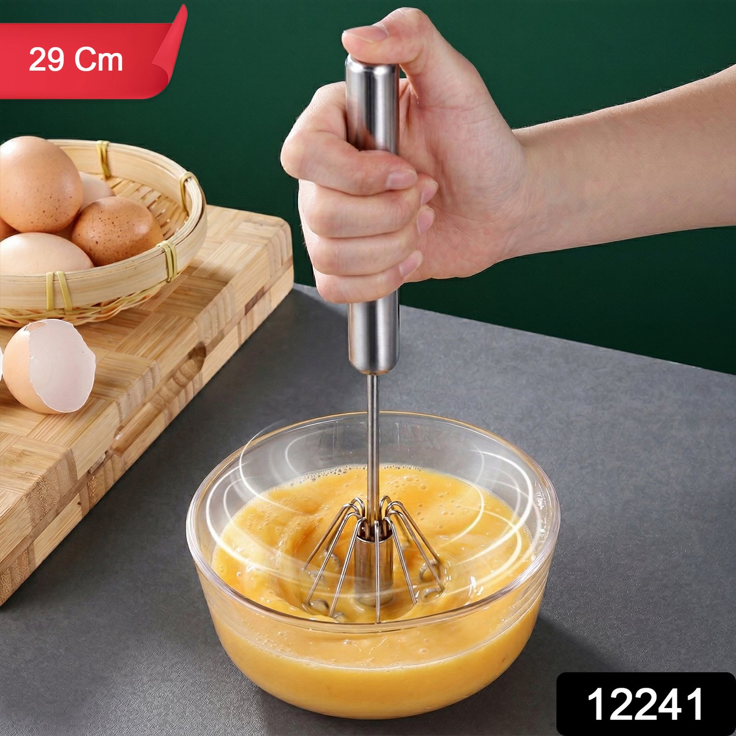 Stainless steel hand push rotary whisk by Wukusy, 29 cm, with a cylindrical handle and wire whisk head for mixing and whipping.