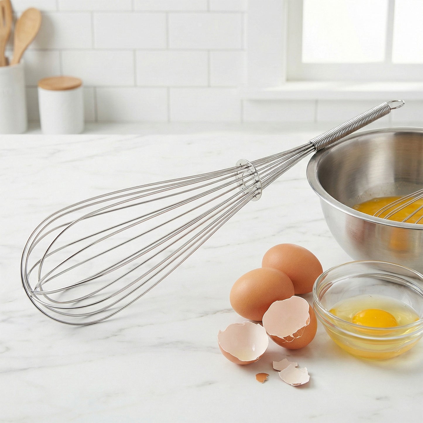 Wukusy manual stainless steel egg beater whisk with ergonomic handle for mixing eggs and batter in a kitchen.