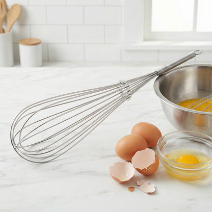 Wukusy manual stainless steel egg beater whisk with ergonomic handle for mixing eggs and batter in a kitchen.