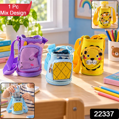 Kids Water Bottle Carrier Sling Pouch Bag With Strap Cute Animal Design (1 Pc)