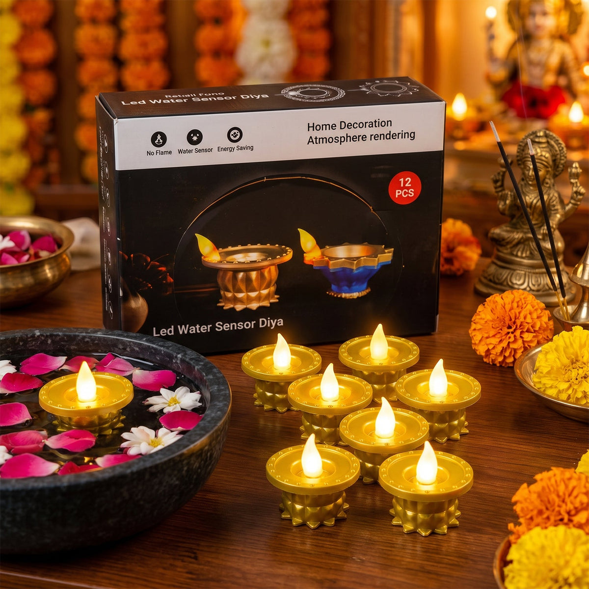 Water Sensor Led Diyas For Diwali Pooja And Festive Home Decor (12 Pc Set)