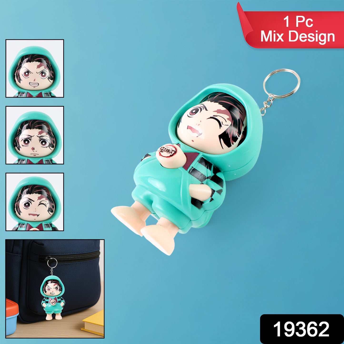 Cute cartoon character action figure keychain from Wukusy, featuring a colorful, playful toy design with a mix of character styles.