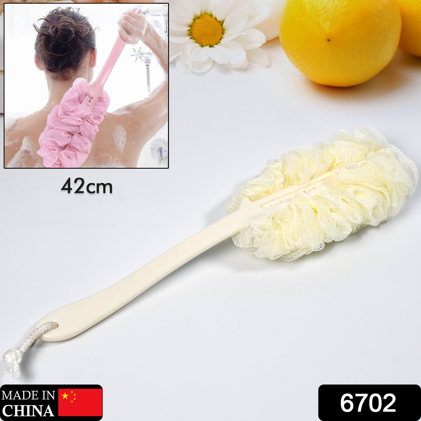 Wukusy 6702 loofah back scrubber with long handle and soft nylon mesh for shower body cleaning, suitable for women and men.