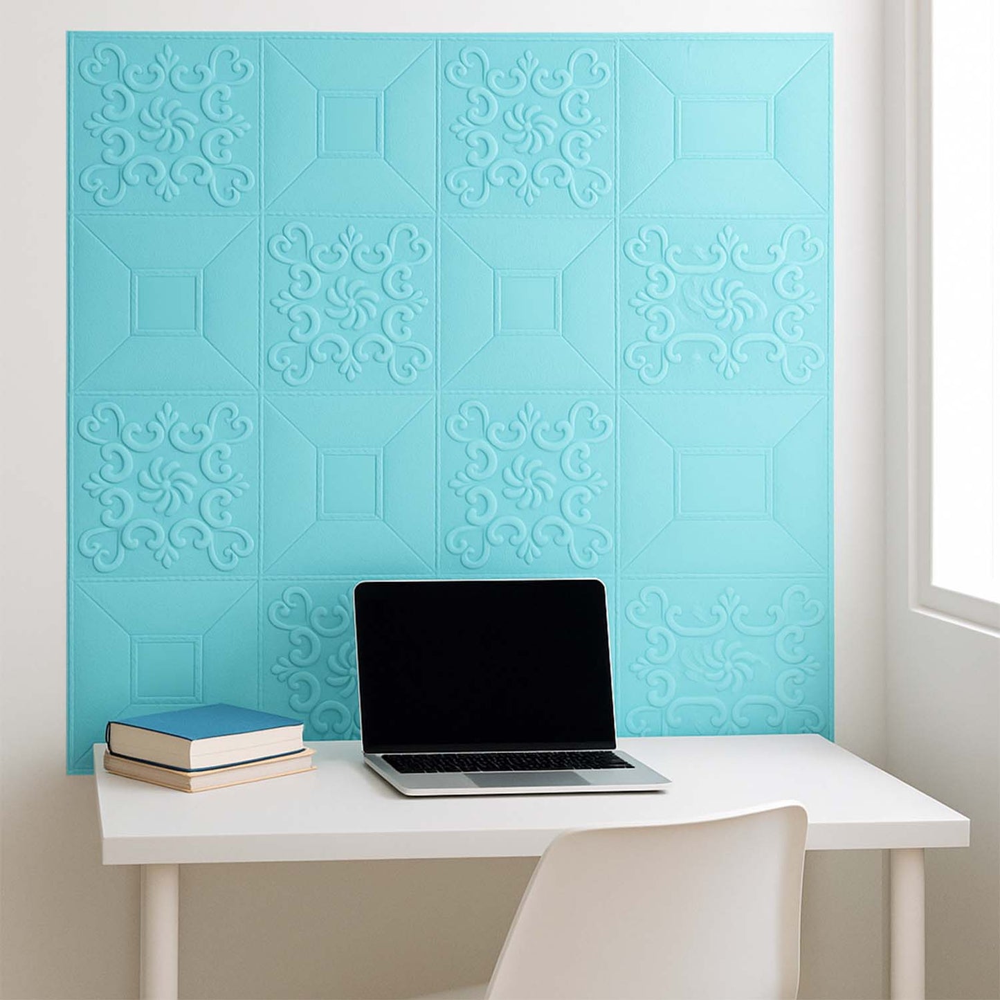 Wukusy 3D foam wallpaper sticker panel showing textured geometric design in a 70x70 cm square for interior decor.
