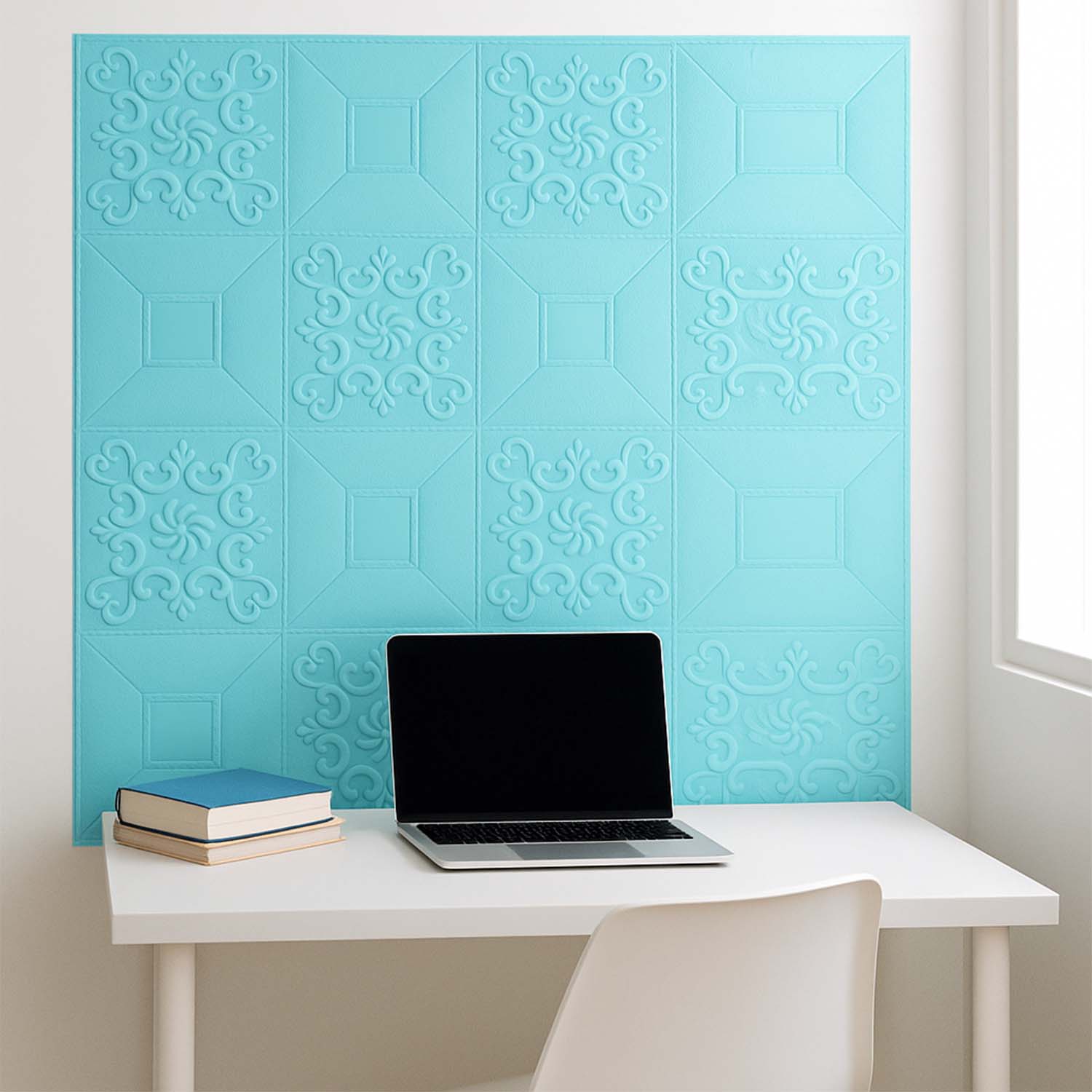 Wukusy 3D foam wallpaper sticker panel showing textured geometric design in a 70x70 cm square for interior decor.
