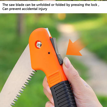 Wukusy heavy duty folding garden hand saw with 40 cm blade, open blade showing sharp teeth for efficient pruning and cutting.