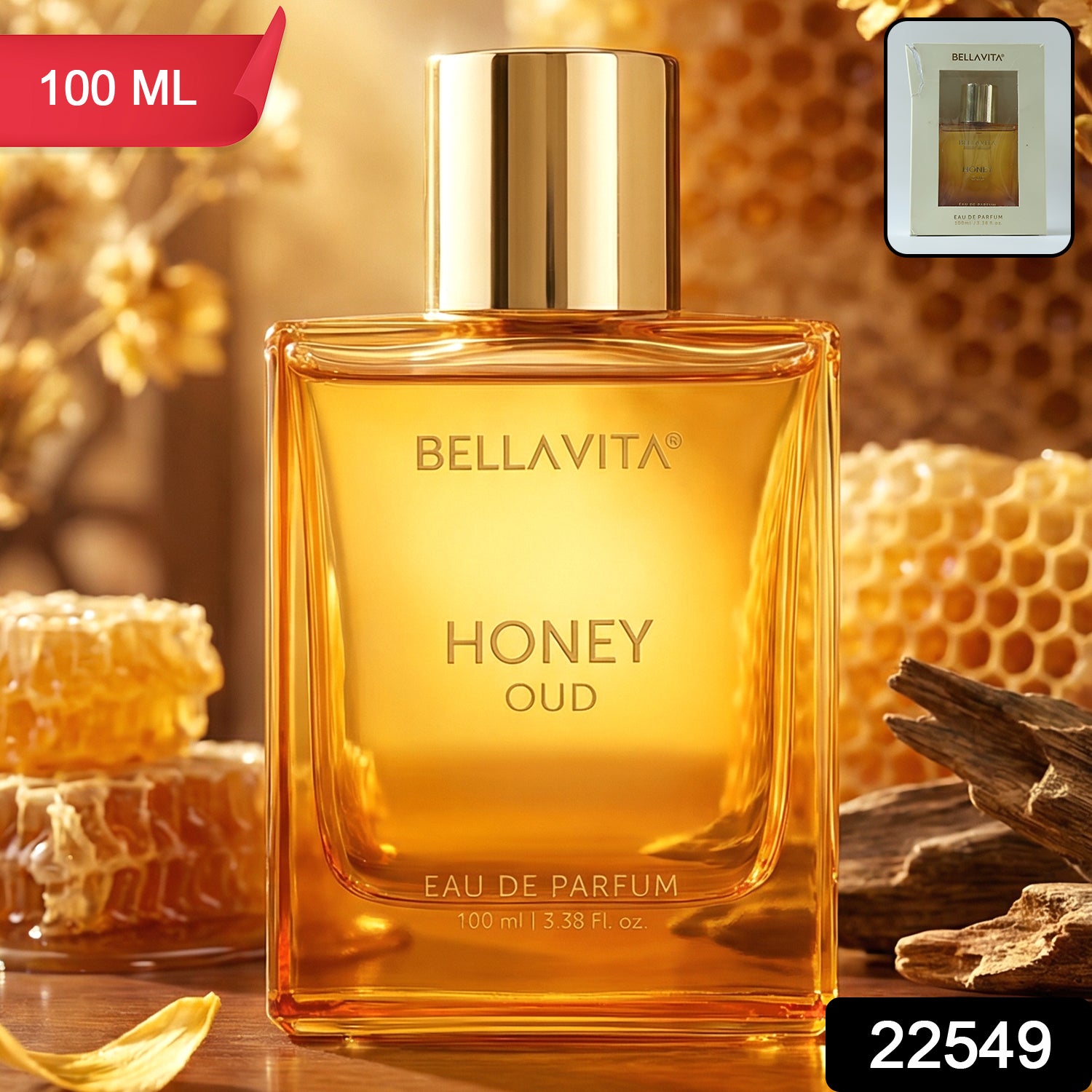 Bellavita Premium Honey Oud perfume by Wukusy, 100 ml bottle with elegant golden packaging and a luxurious scent profile.