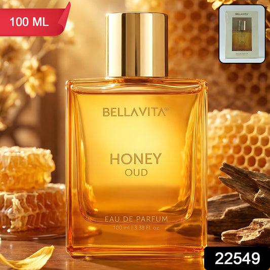 Bellavita Premium Honey Oud perfume by Wukusy, 100 ml bottle with elegant golden packaging and a luxurious scent profile.