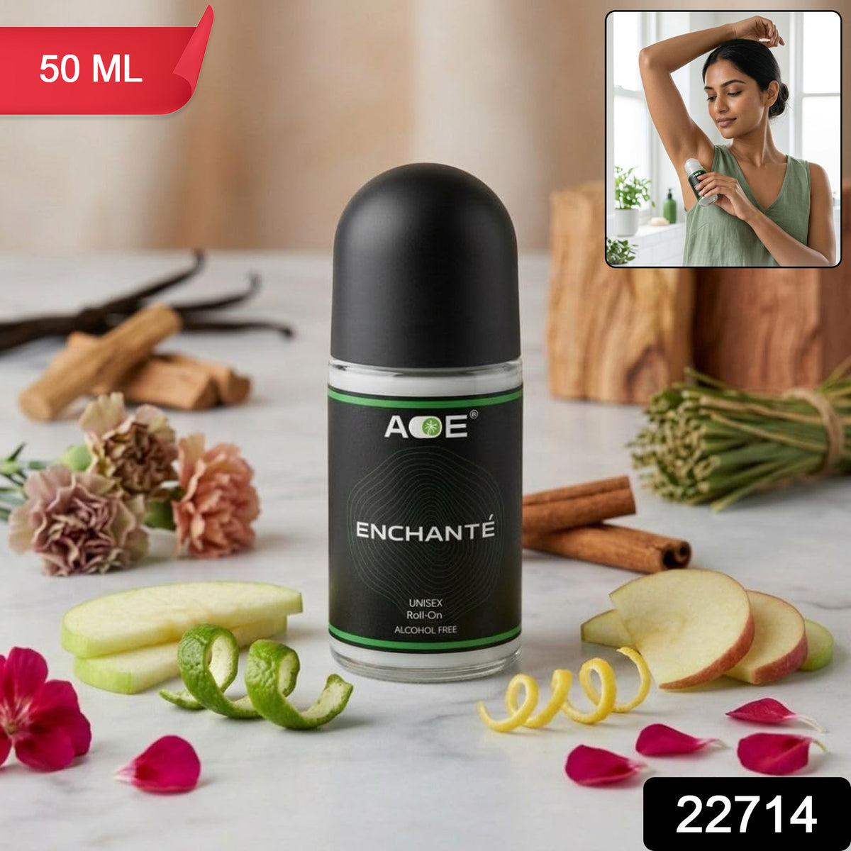 Wukusy Aoe Premium Long Lasting Unisex Roll-on Deodorant in green, 50ml bottle, body fragrance, close-up of the roll-on applicator