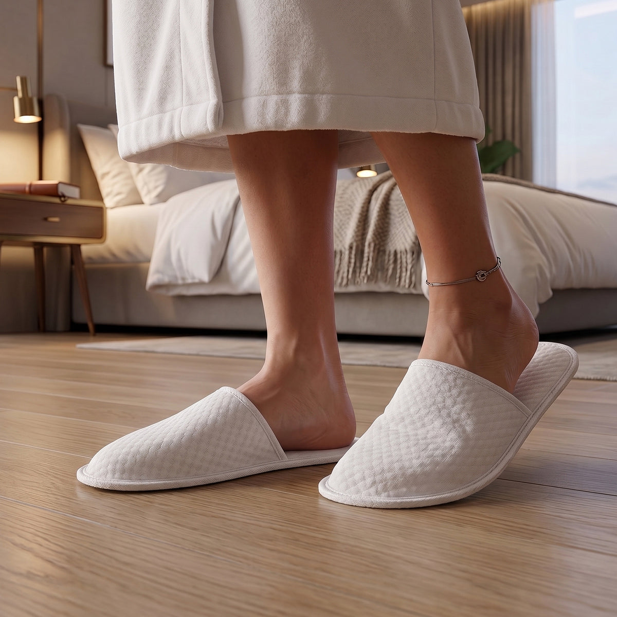Pair of disposable hotel slippers from Wukusy, designed for guest comfort, featuring soft fabric and slip-on style.