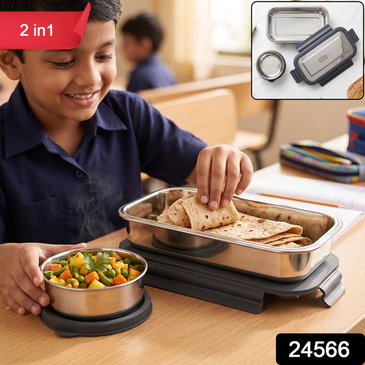 Wukusy Apex Flexi stainless steel lunch box set with container and bowl, featuring sleek, durable design for meal storage.