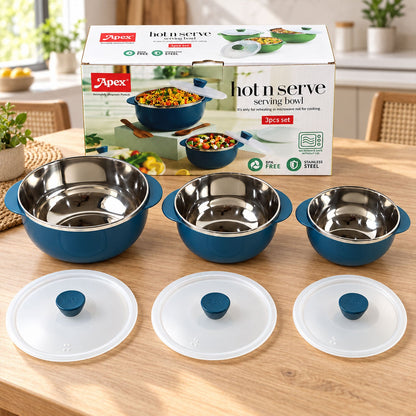 Wukusy Apex hot and serve serving bowl set with lids, featuring steel inner casseroles in a 3-piece kitchenware set.