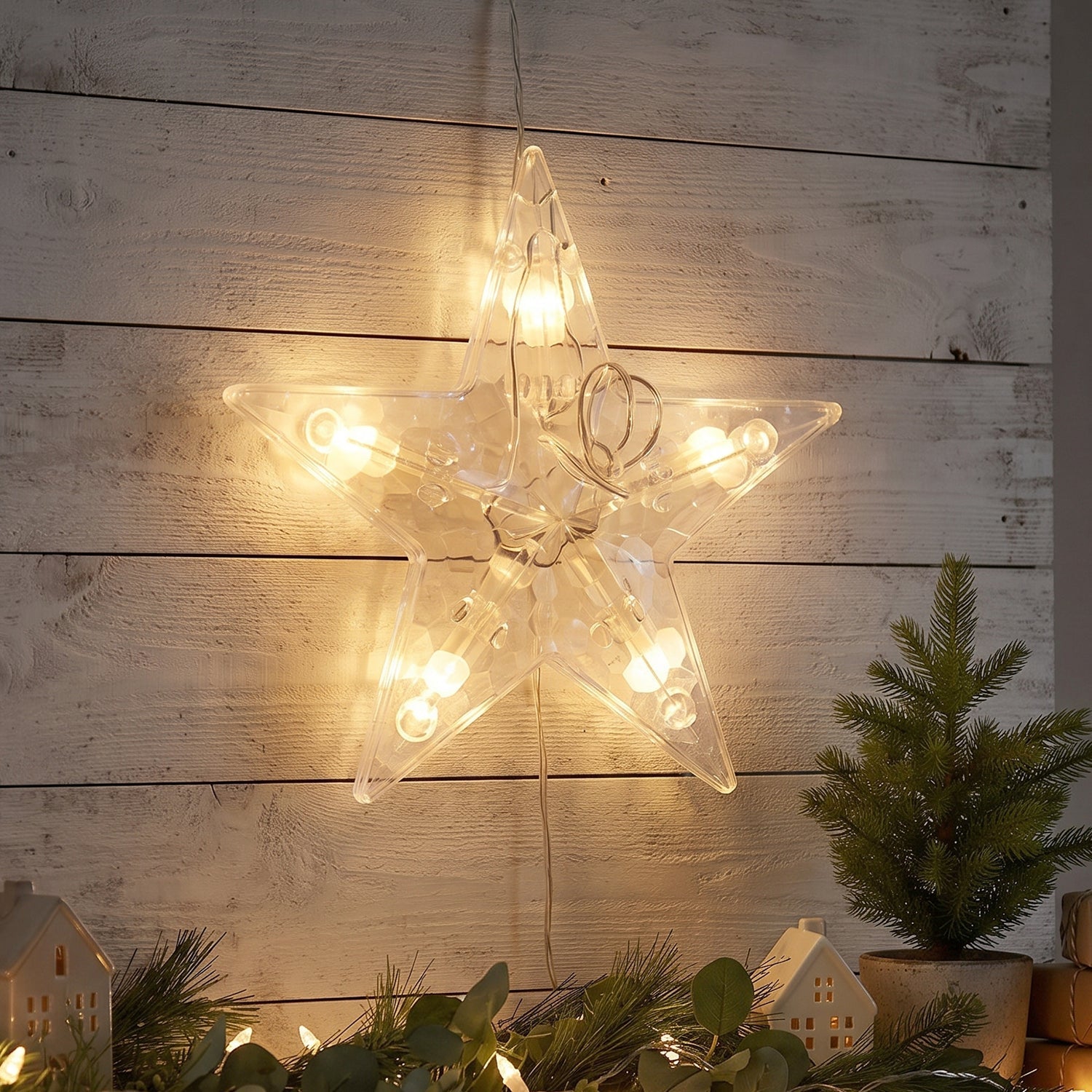 Wukusy white star LED string lights set with warm fairy lights for decorative use, shown hanging with glowing star shapes.