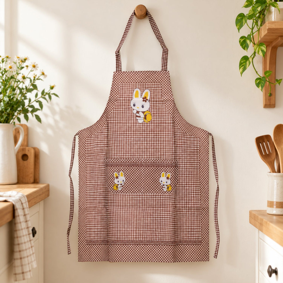 Kids cartoon kitchen cooking apron by Wukusy with front pockets, colorful design, measuring 71x57 cm, suitable for children.