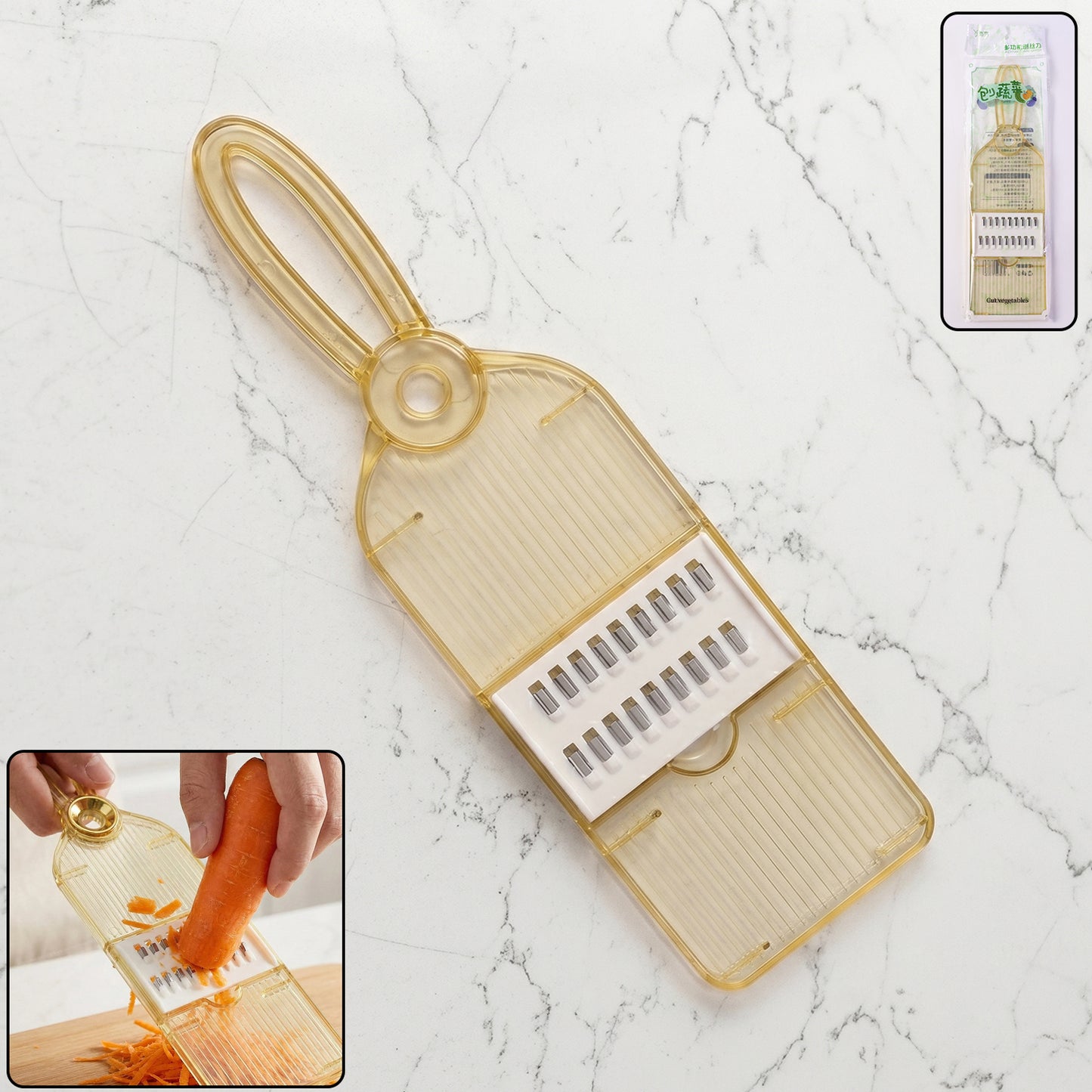 Wukusy handheld vegetable cutter and slicer for kitchen, showing the compact multi-purpose veggie chopper with blades and handle.