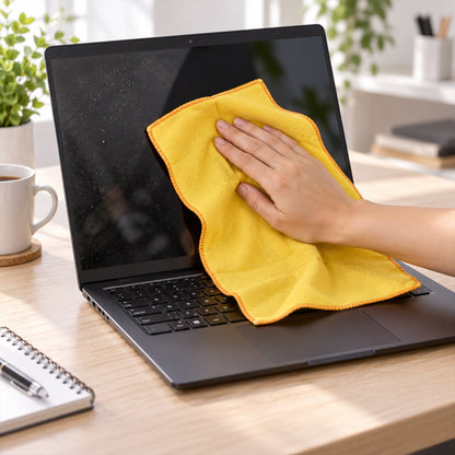 Yellow cotton duster cloths for cleaning, 3-pack, 46x46 cm, suitable for home and kitchen dusting, by Wukusy.