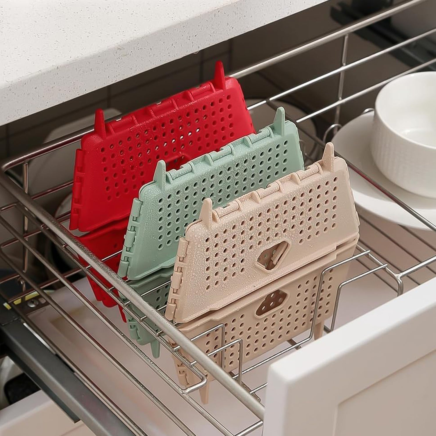 Wukusy ventilated storage basket box for kitchen tools, with holes for airflow, measuring 2320 cm, black plastic design.