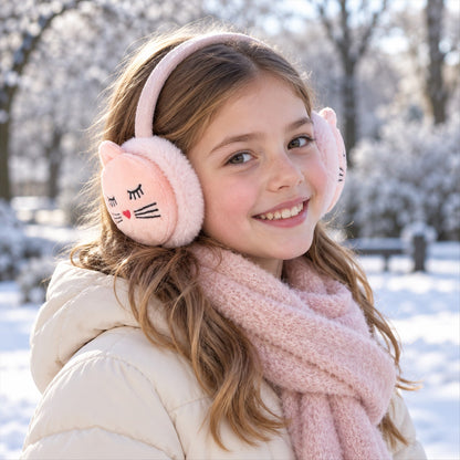 Wukusy plush winter ear muffs with animal face designs in mixed colors, soft and warm for cold weather.