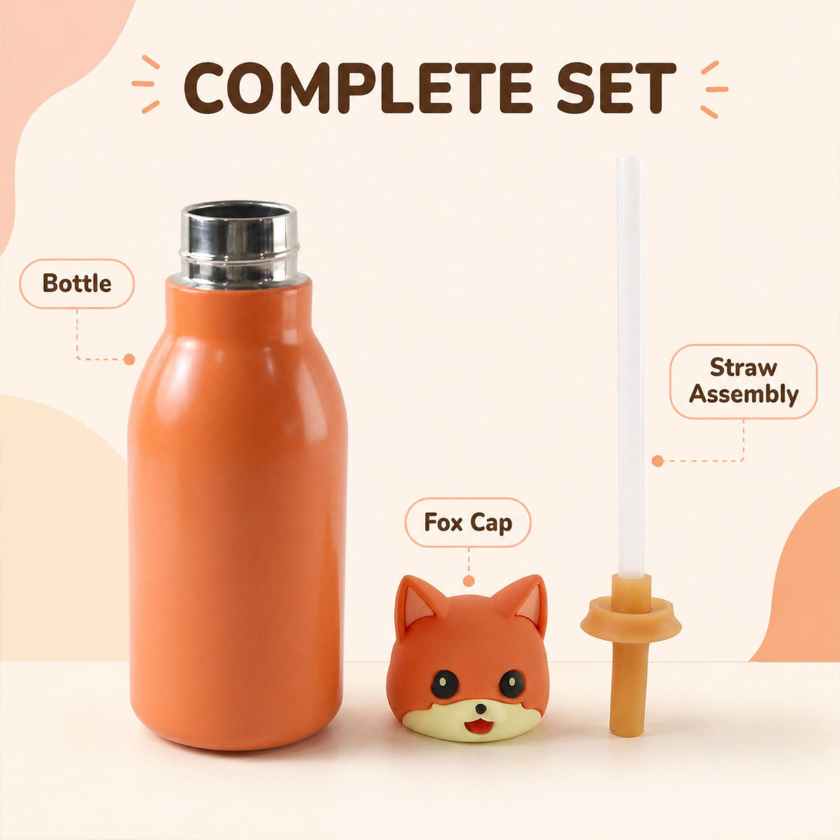 Kids Stainless Steel Vacuum Water Bottle With Cute Fox Cap And Straw For School