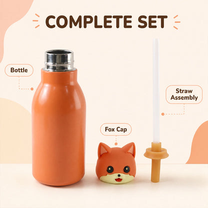 Kids Stainless Steel Vacuum Water Bottle With Cute Fox Cap And Straw For School
