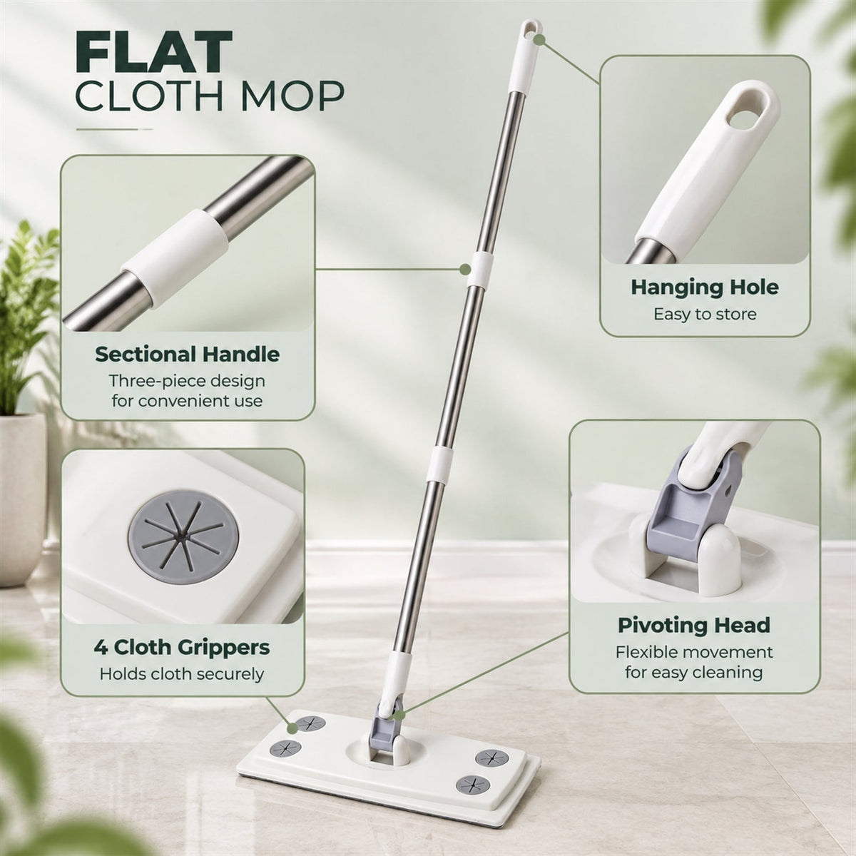 Wukusy rotating flat mop with sectional rod and cloth clips, 110 x 26 cm, for efficient cleaning of floors.