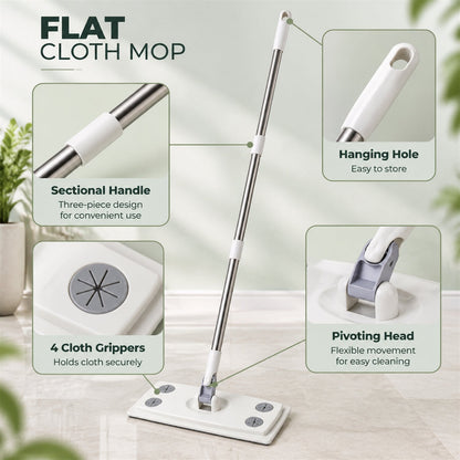Wukusy rotating flat mop with sectional rod and cloth clips, 110 x 26 cm, for efficient cleaning of floors.