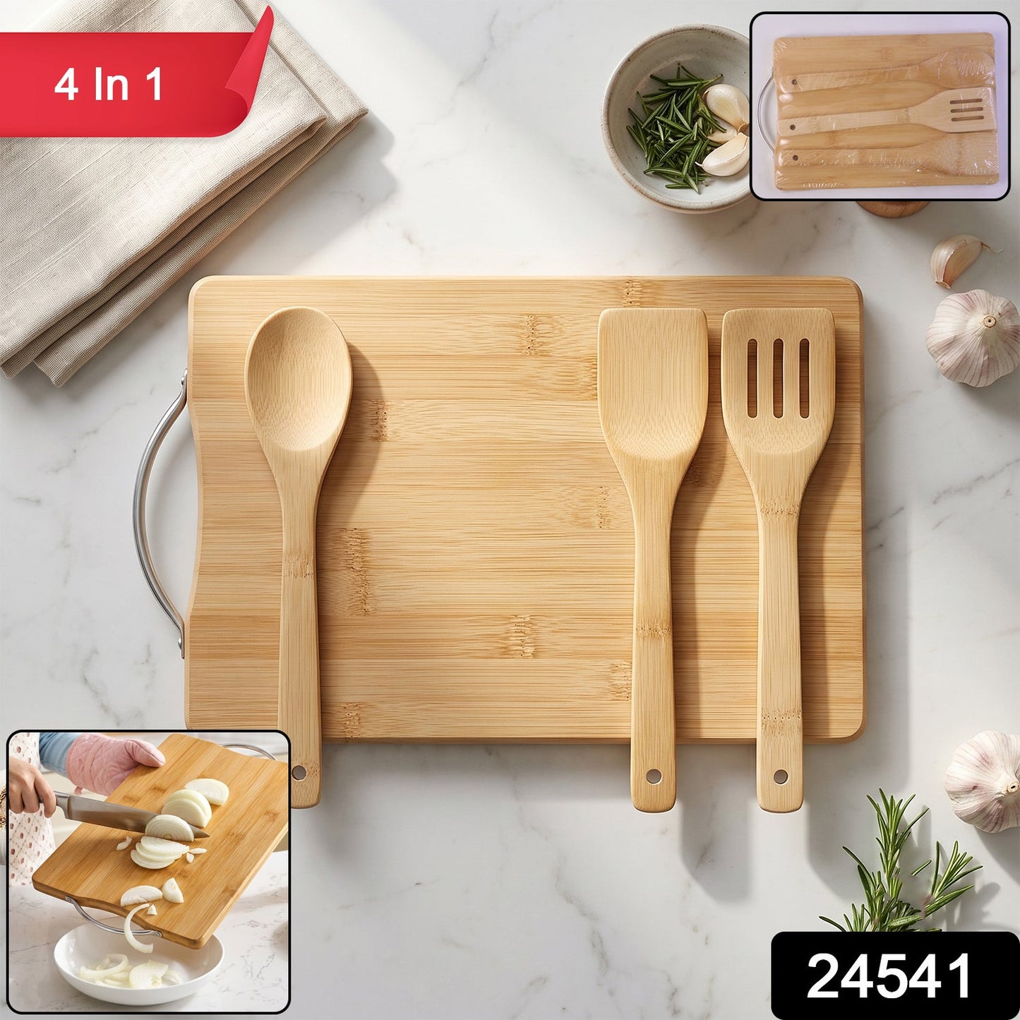 Wooden Cutting Board Combo Set With Bamboo Spoon Spatula And Turner (4 Pc Set)