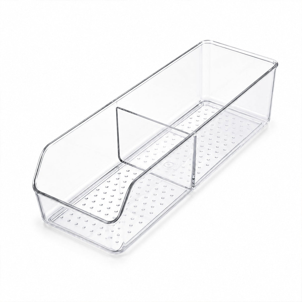 Wukusy clear plastic storage organizer box with dividers for kitchen organization, showing multiple compartments for utensils and small items.