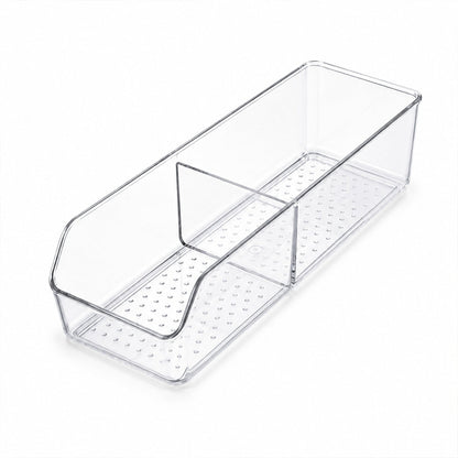 Wukusy clear plastic storage organizer box with dividers for kitchen organization, showing multiple compartments for utensils and small items.