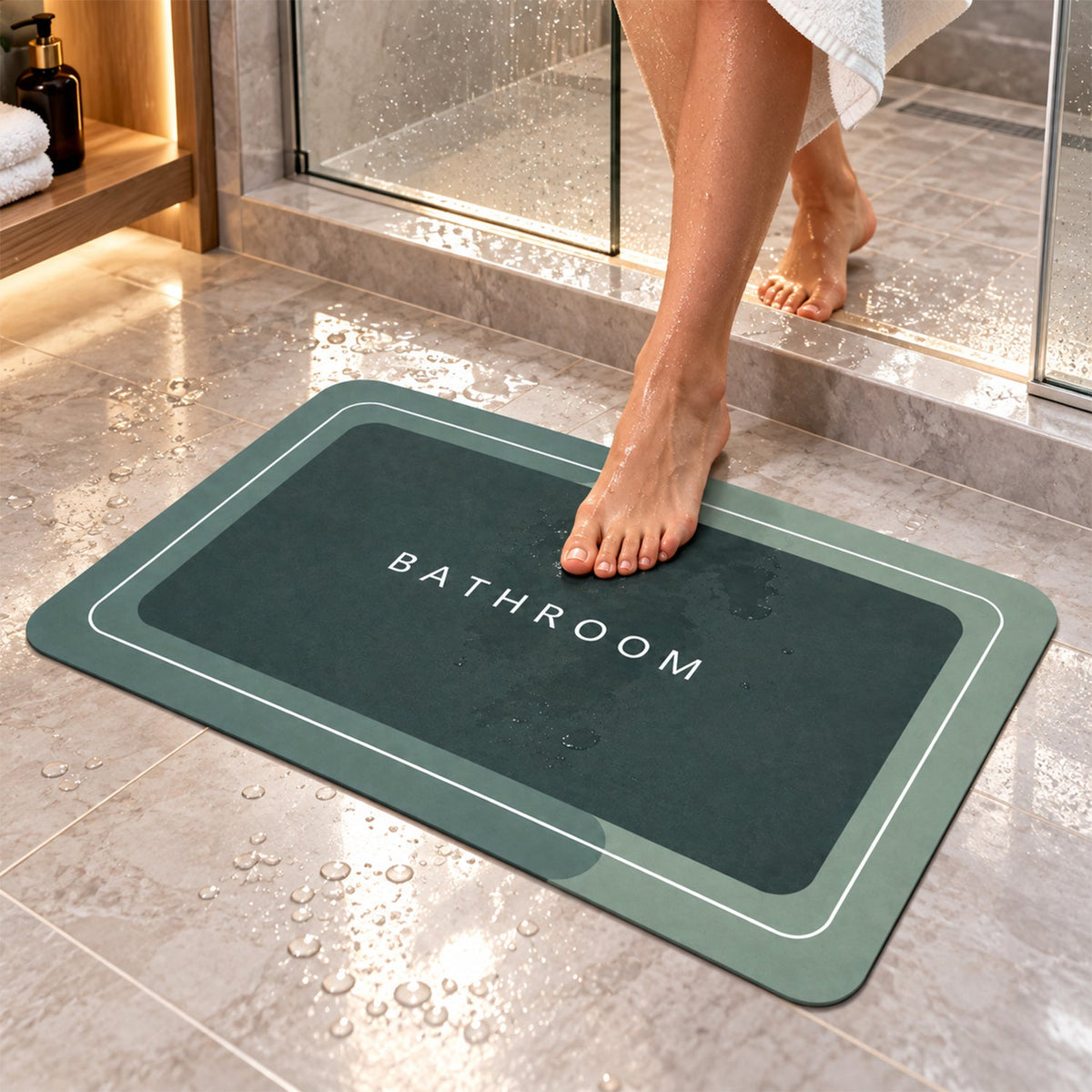 Green Wukusy super absorbent bathroom mat, 57x37 cm, quick-dry non-slip bath mat with plush texture on a bathroom floor.