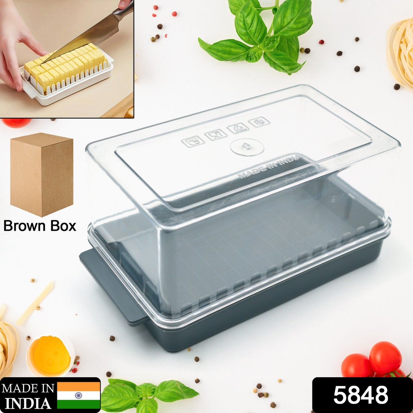 Wukusy transparent plastic butter storage box with slicer and lid, ideal for cheese and butter organization in kitchen refrigerator.