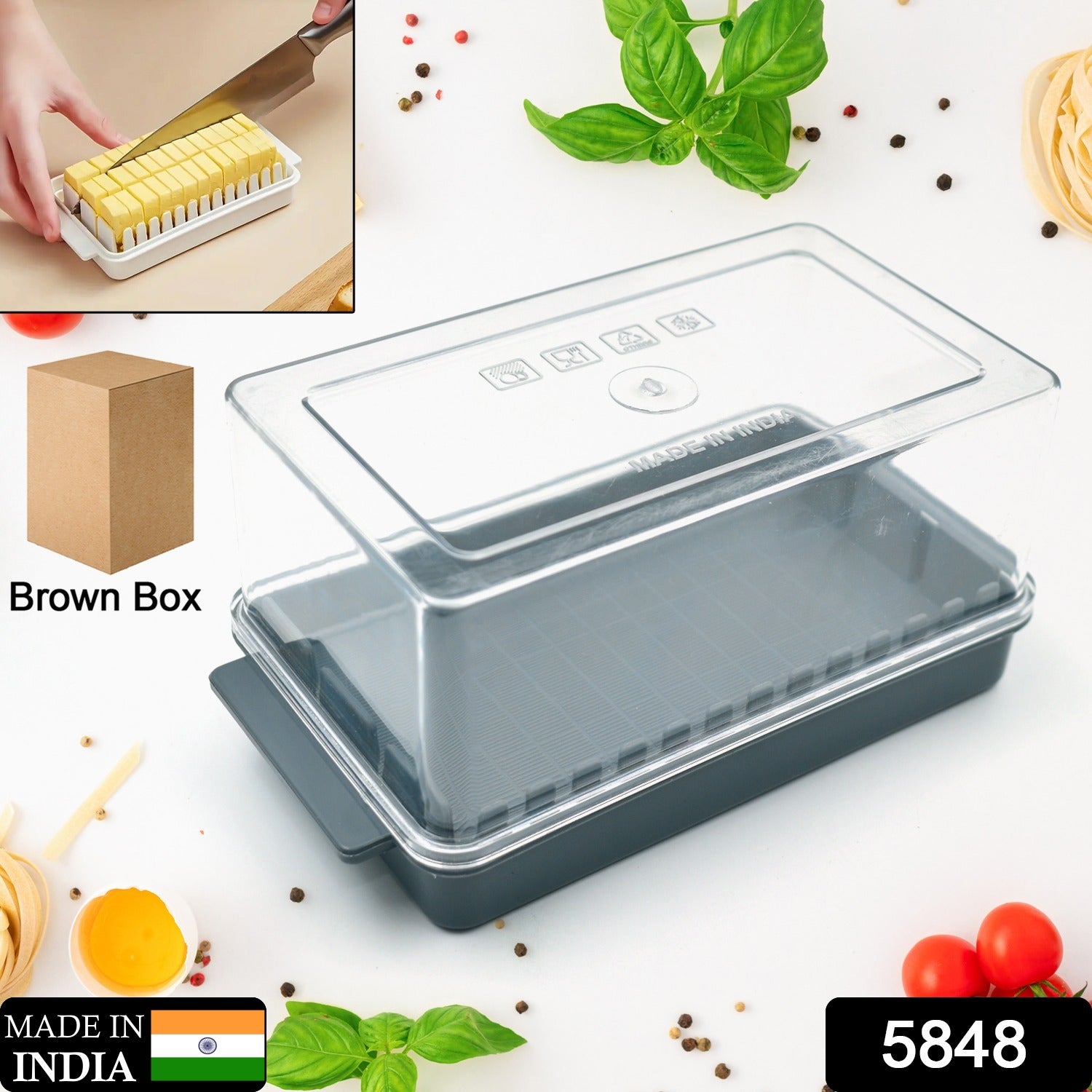 Wukusy transparent plastic butter storage box with slicer and lid, ideal for cheese and butter organization in kitchen refrigerator.