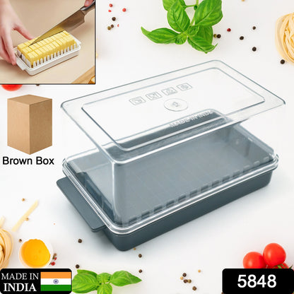 Wukusy transparent plastic butter storage box with slicer and lid, ideal for cheese and butter organization in kitchen refrigerator.