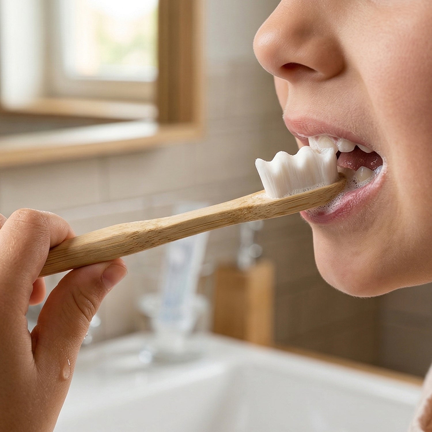Natural wooden handle toothbrush with case by Wukusy, featuring eco-friendly design and compact storage for oral hygiene.