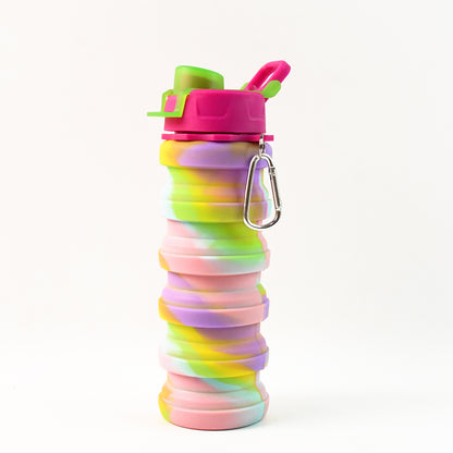 Colorful collapsible silicone water bottle by Wukusy, showing its flexible, vibrant design and compact form for easy hydration on the go.
