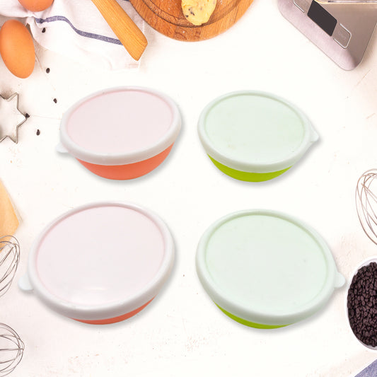 Set of four Wukusy 5558 small round plastic bowls with lids, microwave and dishwasher safe, lightweight and reusable for kitchen use