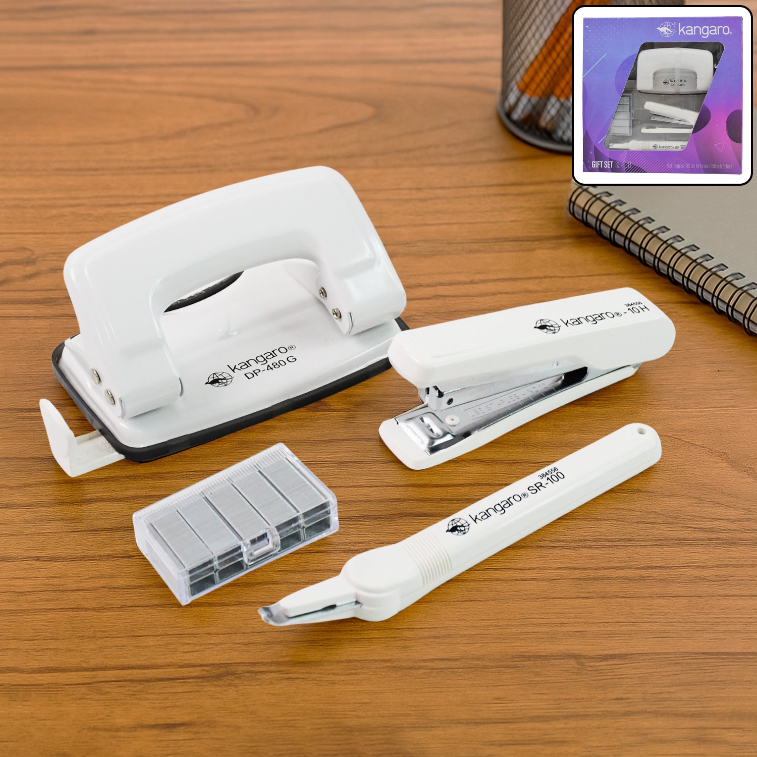 Wukusy Kangaro 4-in-1 Premium Stationery Gift Set with pens, pencils, ruler, and notepad in sleek office-themed design