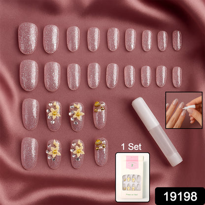 Wukusy premium glitter 3D floral press-on artificial nail tips with nail glue, featuring intricate floral designs in a set