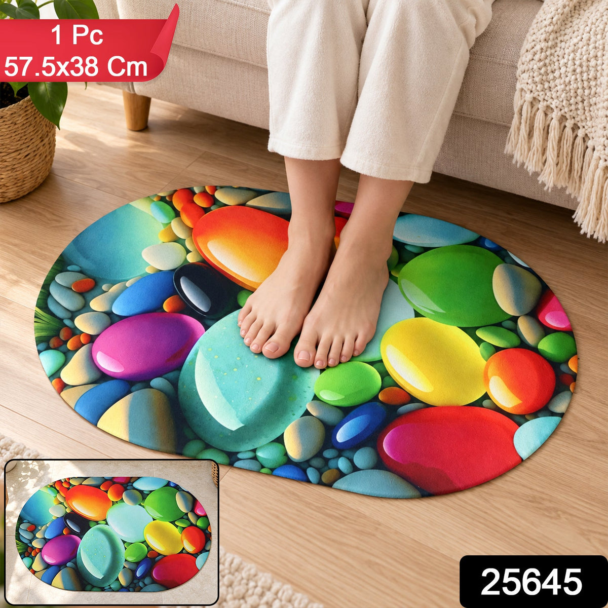 Colorful pebble print oval door mat by Wukusy, 57.5x38 cm, featuring vibrant stone-inspired design for home floor decor.