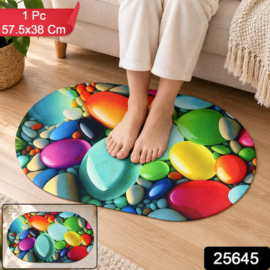 Colorful pebble print oval door mat by Wukusy, 57.5x38 cm, featuring vibrant stone-inspired design for home floor decor.