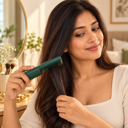 Wukusy cordless hair straightener brush with cap for portable hair styling, showing the sleek black design and brush head.