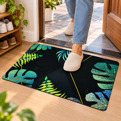 Decorative tropical leaf print floor mat by Wukusy, indoor doorway rug, 59.5x40 cm, featuring vibrant green tropical leaf design.