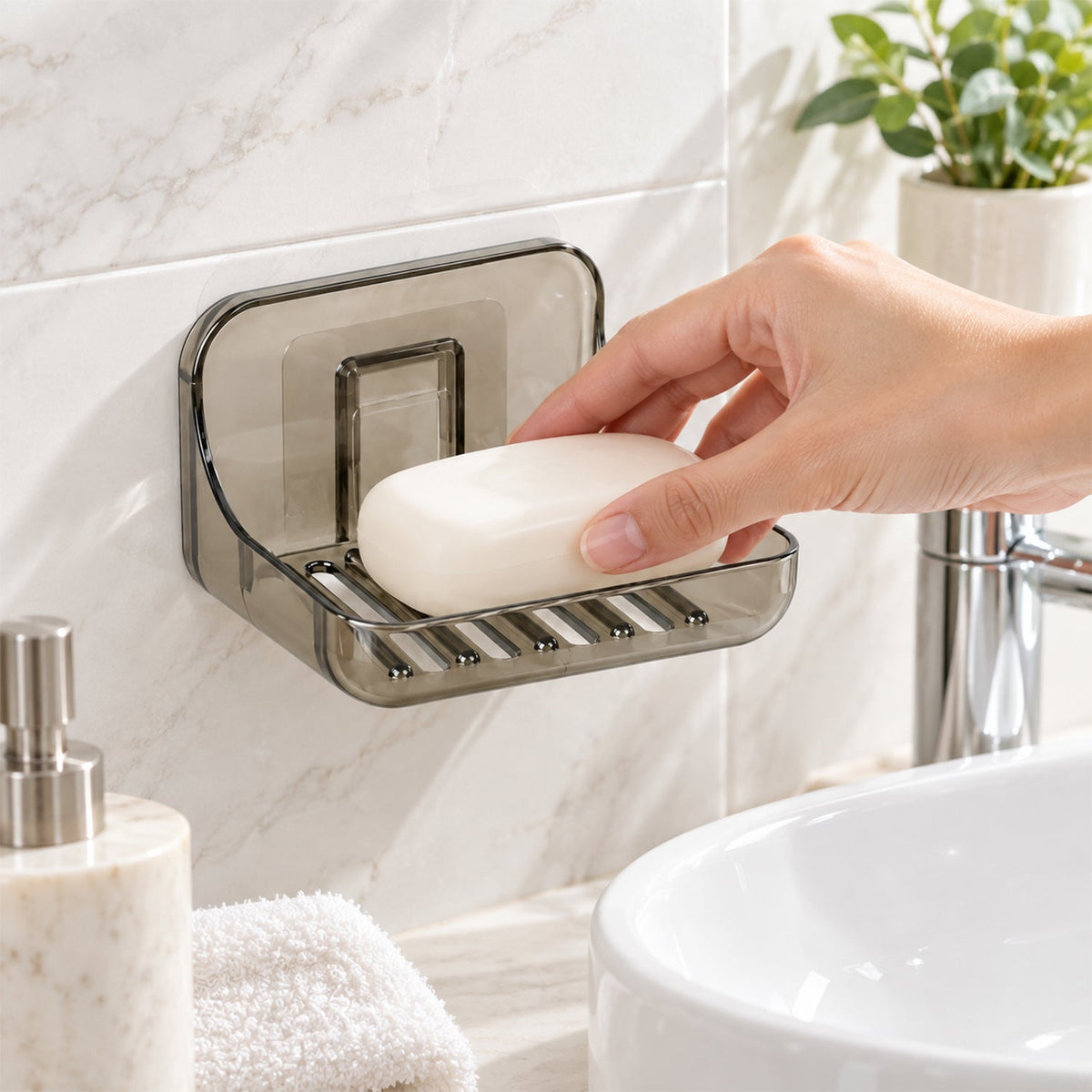Wukusy Apex wall-mounted soap holder with drain and adhesive for bathroom, featuring a sleek soap dish designed for convenient soap storage.