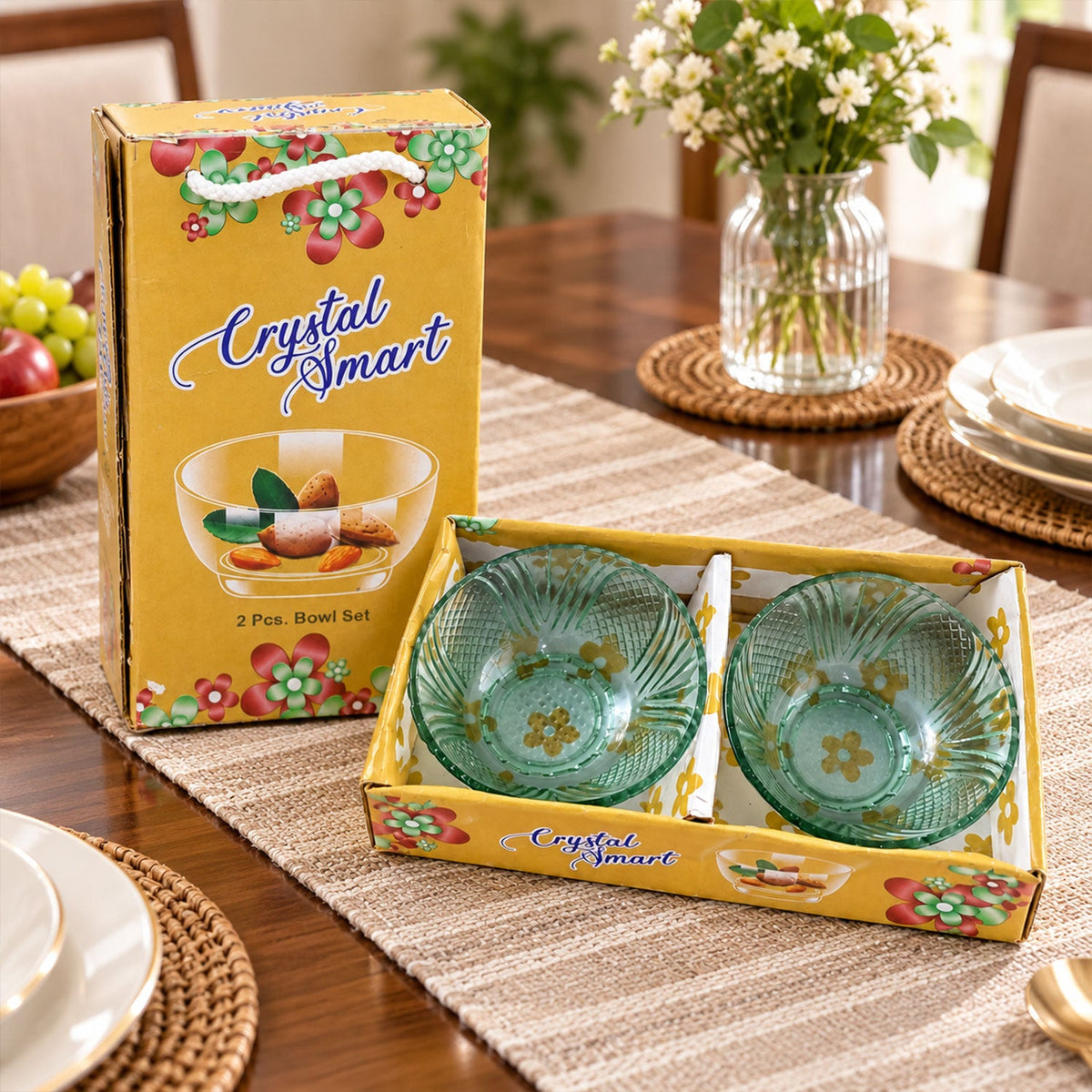 Wukusy textured glass bowl set with two bowls for serving dry fruits, snacks, and desserts, featuring a stylish design.