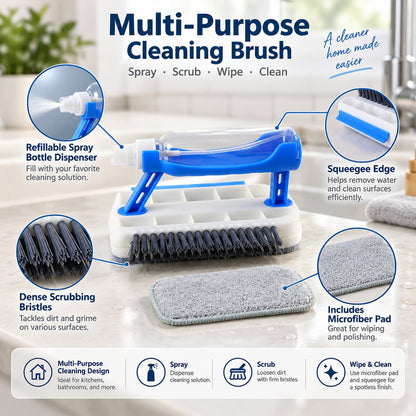 Wukusy 5-in-1 multipurpose cleaning brush with spray, squeegee, and wiping pad for versatile surface cleaning and window washing.