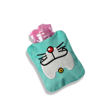 Wukusy Doremon cartoon hot water bag with cover, used for pain relief, neck, shoulder, hand, feet warmth, and menstrual cramps.