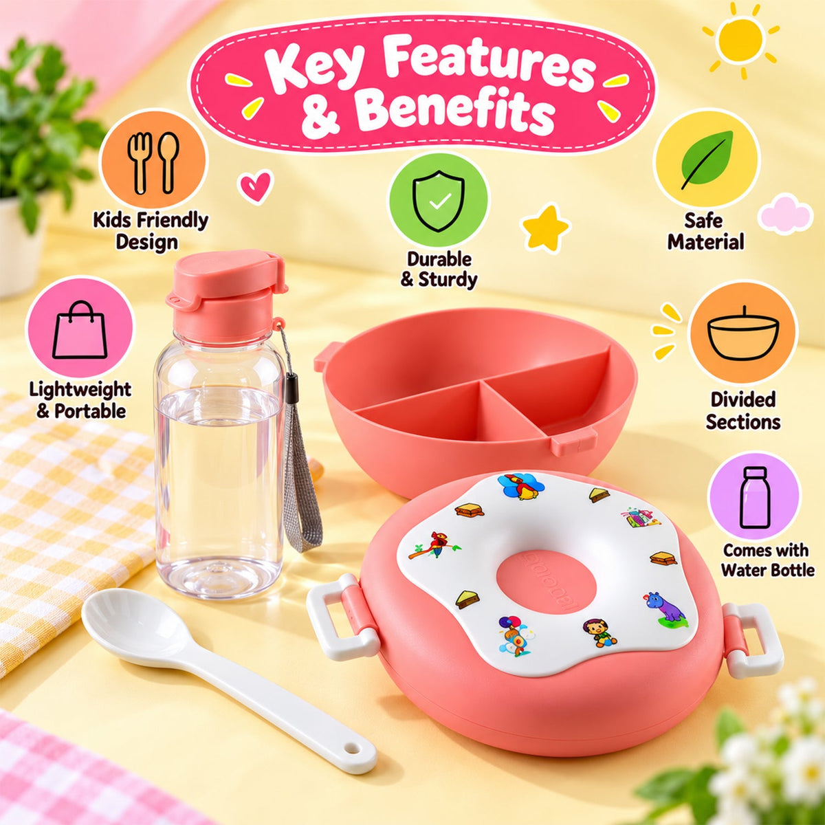 Kids Plastic Divided Lunch Box With Water Bottle For School (2 Pc Set)