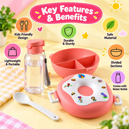 Kids Plastic Divided Lunch Box With Water Bottle For School (2 Pc Set)
