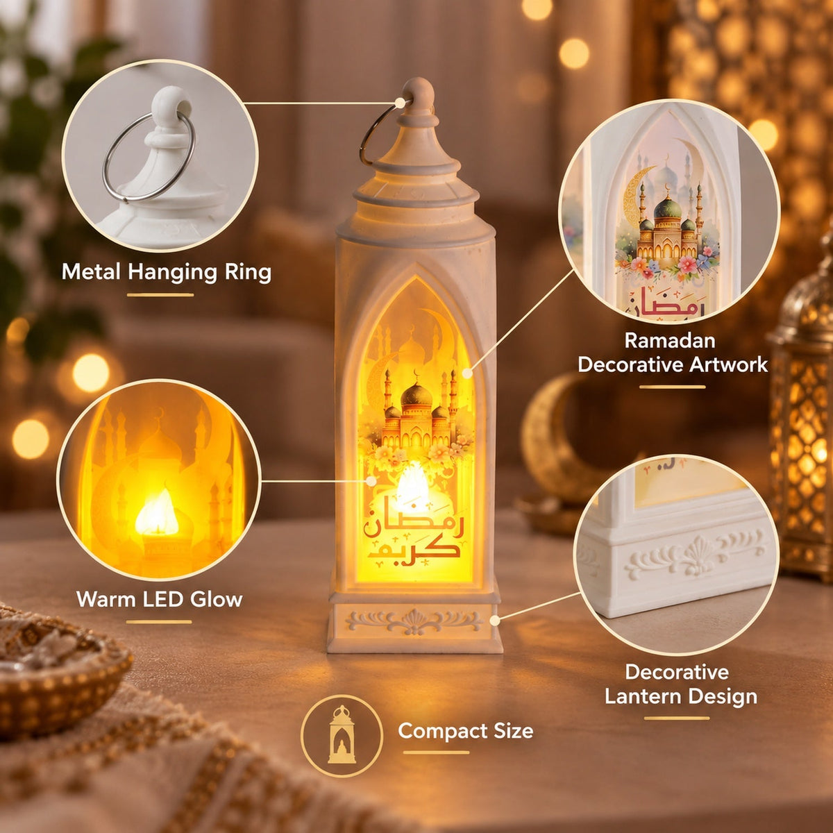 Set of three Wukusy Ramadan flameless LED candle lanterns for hanging or table decor, featuring intricate designs and warm light.